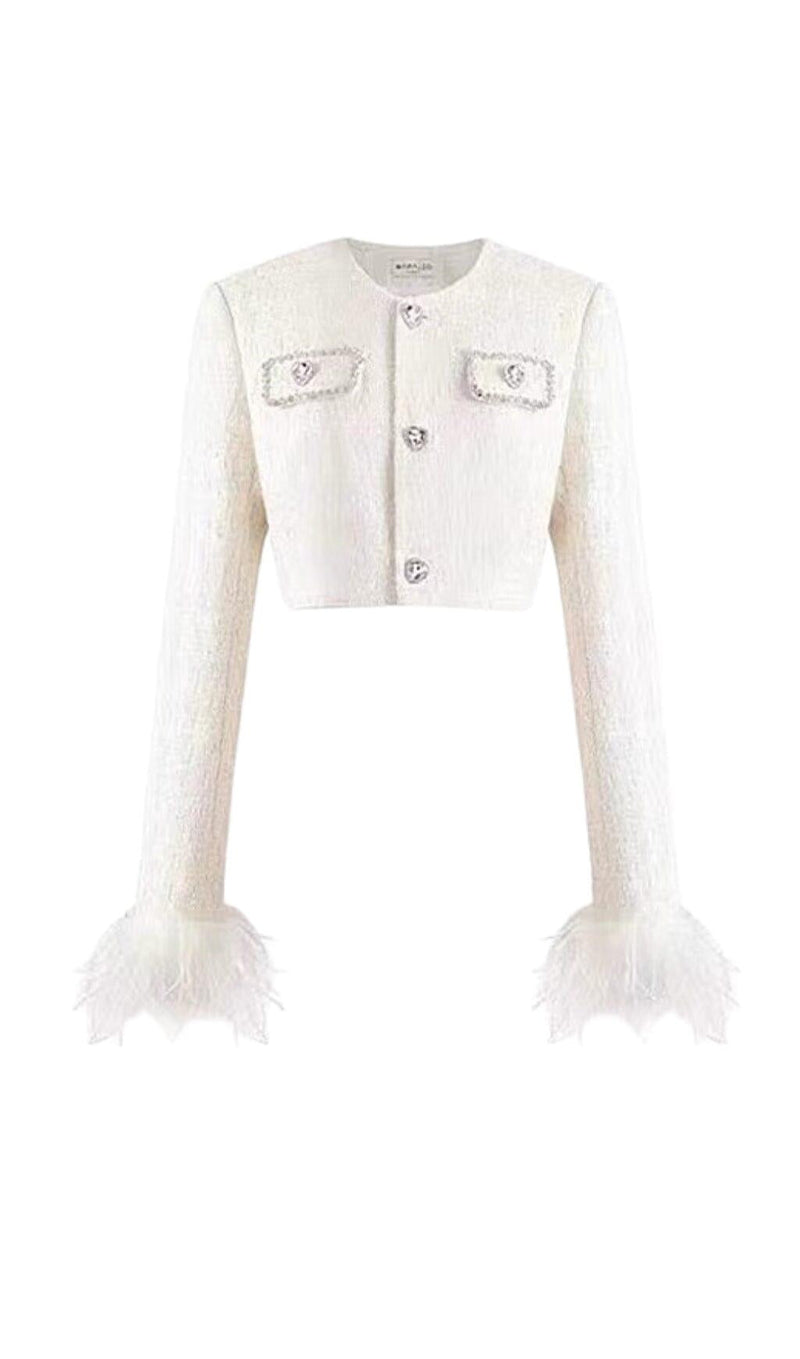 CHANEL'S STYLE WITH FEATHER SHORT SKIRT SUIT IN WHITE