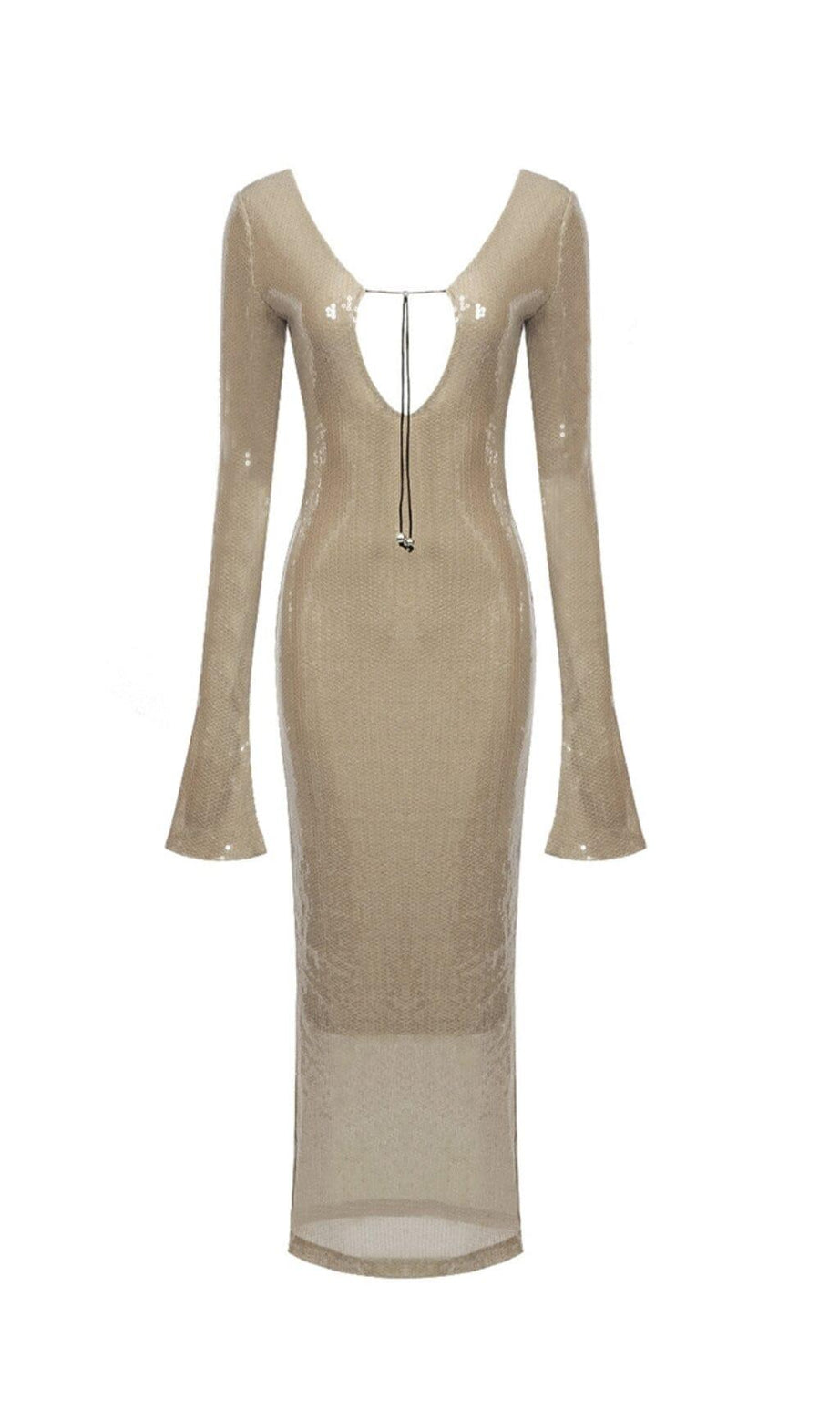 PAILLETTENKLEID MIT LANGEN ÄRMELN UND RÜCKENFREIEM KHAKI