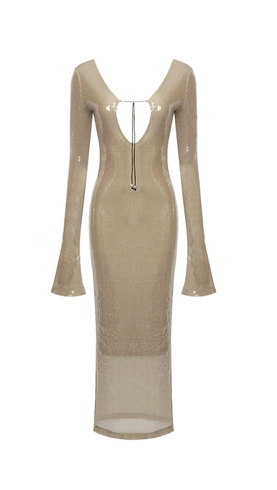 SEQUINED WITH LONG SLEEVES AND BACKLESS DRESS IN KHAKI