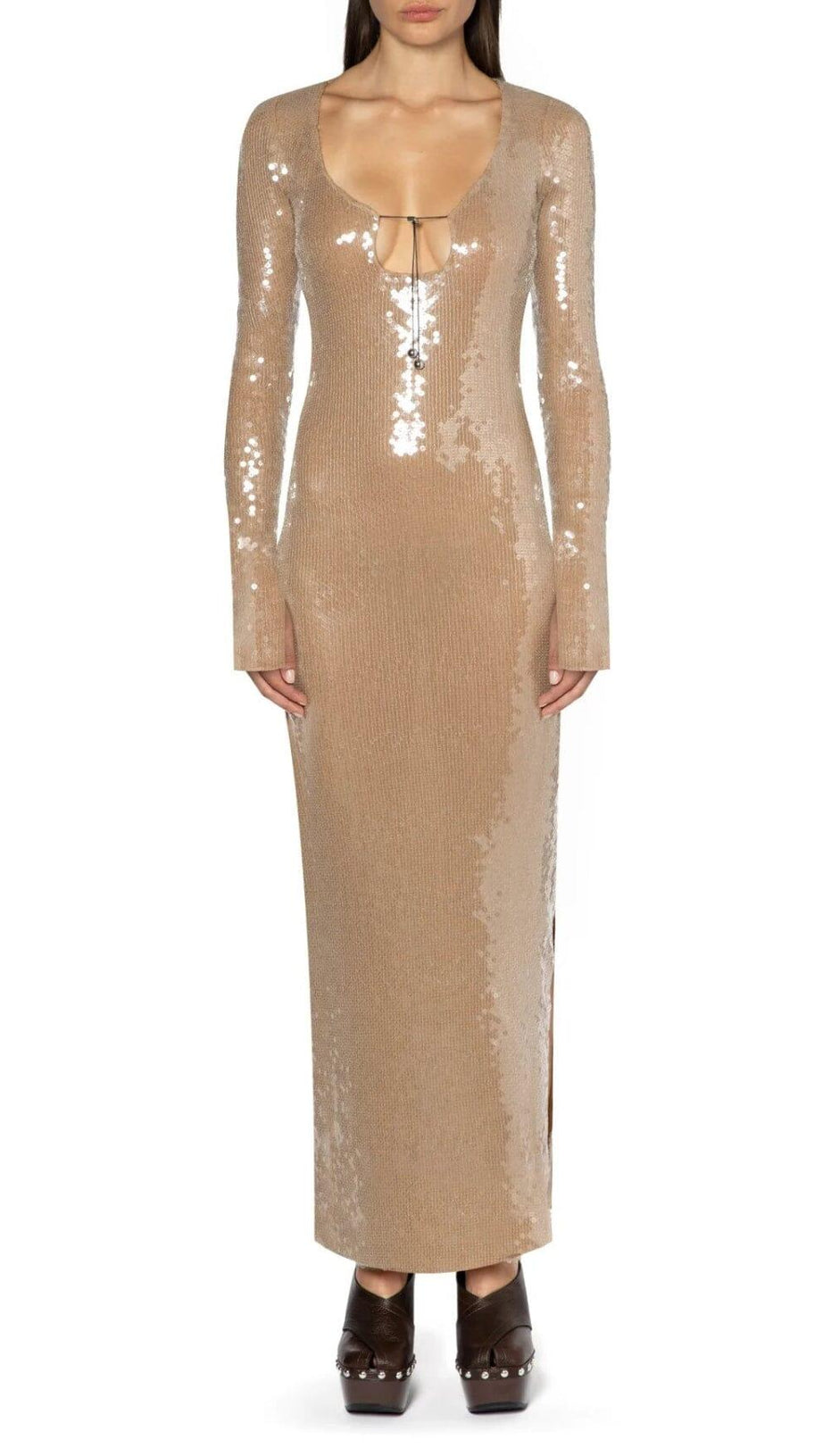 SEQUINED WITH LONG SLEEVES AND BACKLESS DRESS IN KHAKI
