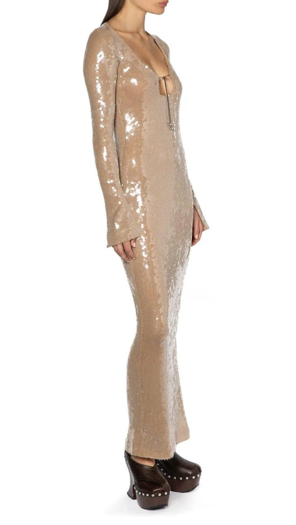 AIIZIE SEQUINED WITH LONG SLEEVES AND BACKLESS DRESS IN KHAKI - product image
