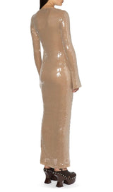 SEQUINED WITH LONG SLEEVES AND BACKLESS DRESS IN KHAKI