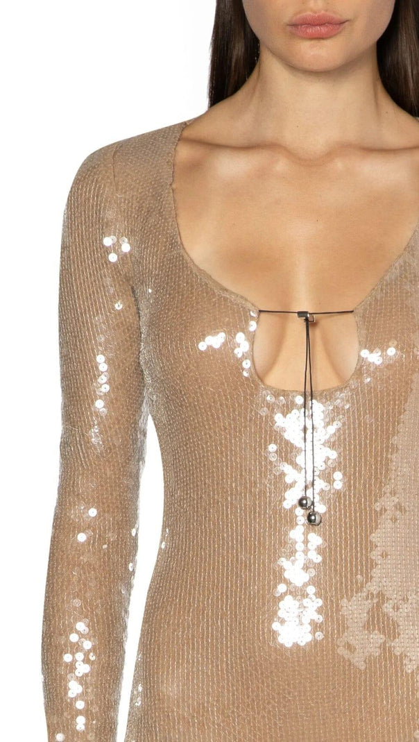 AIIZIE SEQUINED WITH LONG SLEEVES AND BACKLESS DRESS IN KHAKI - product image