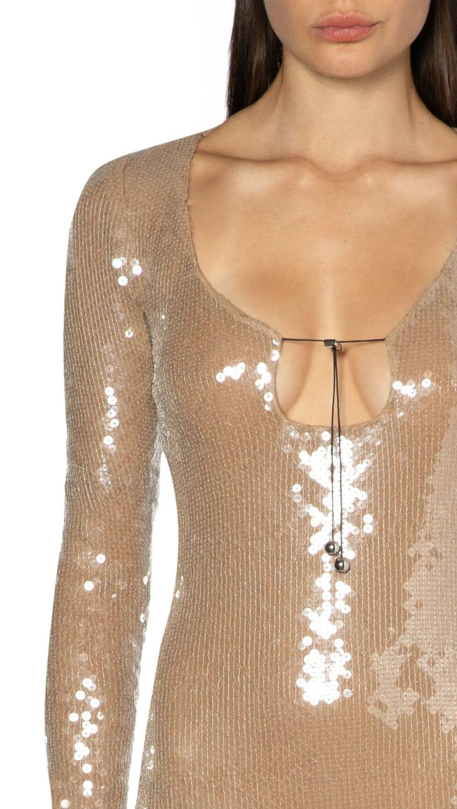 SEQUINED WITH LONG SLEEVES AND BACKLESS DRESS IN KHAKI