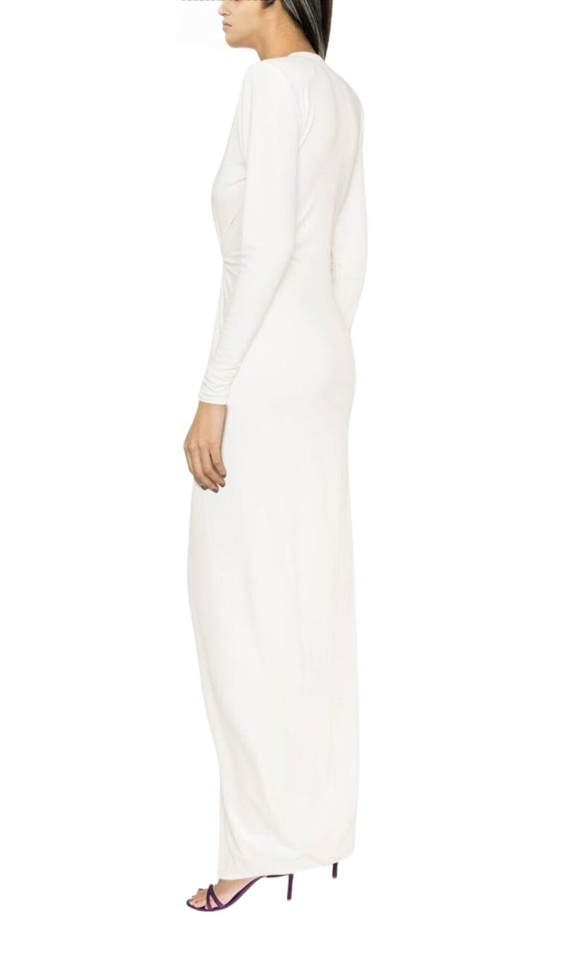 WHITE PLUNGE-NECK DRAPED GOWN