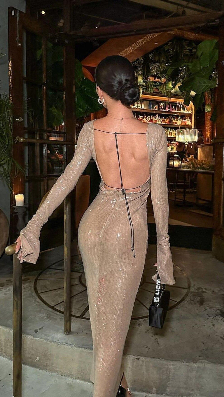 SEQUINED WITH LONG SLEEVES AND BACKLESS DRESS IN KHAKI