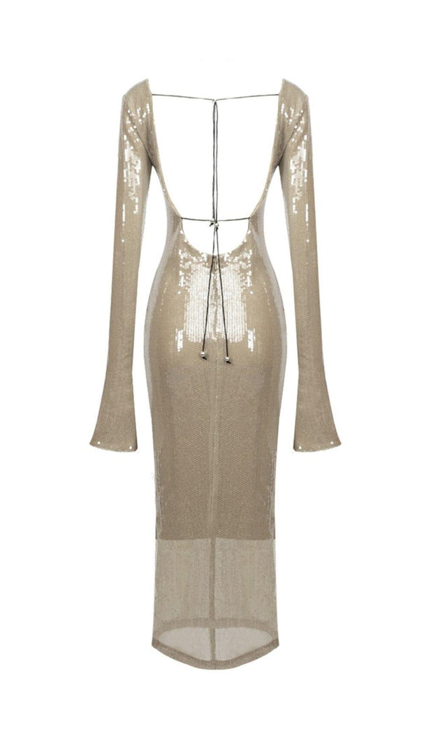 Sequined with Long Sleeves and Backless Dress in Khaki