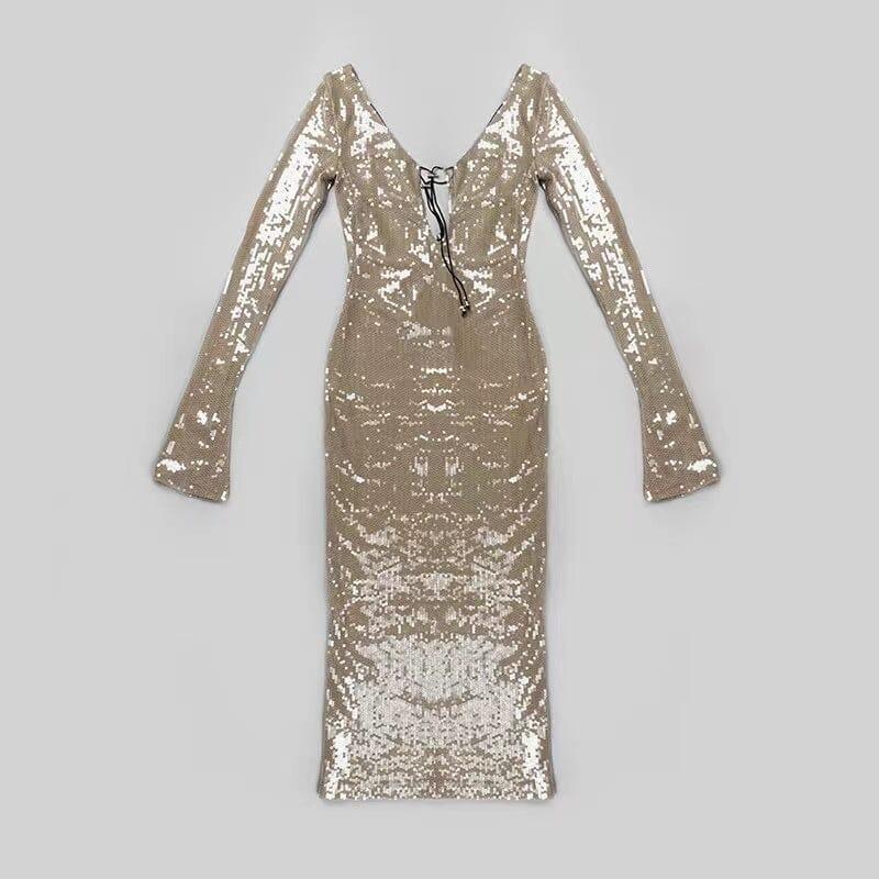 SEQUINED WITH LONG SLEEVES AND BACKLESS DRESS IN KHAKI