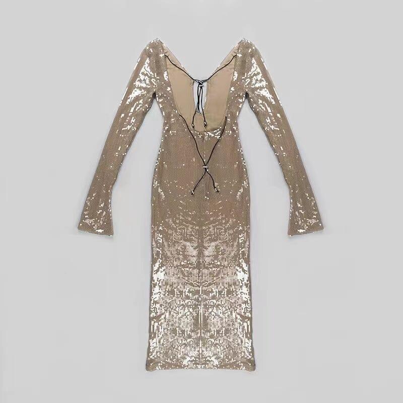 SEQUINED WITH LONG SLEEVES AND BACKLESS DRESS IN KHAKI