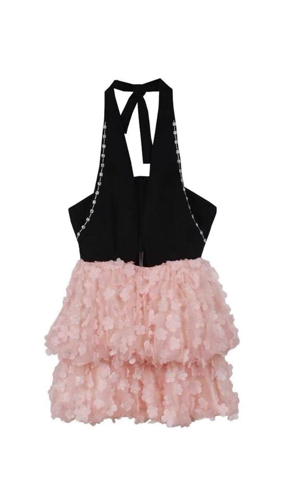 SLEEVELESS HALTER DRESS WITH PINK FLOWERS IN BLACK