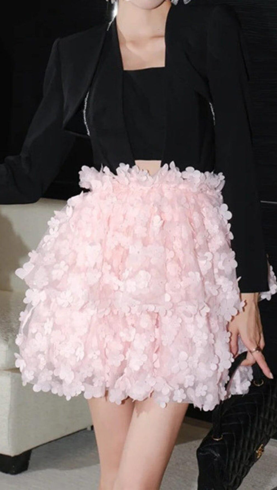 SLEEVELESS HALTER DRESS WITH PINK FLOWERS IN BLACK