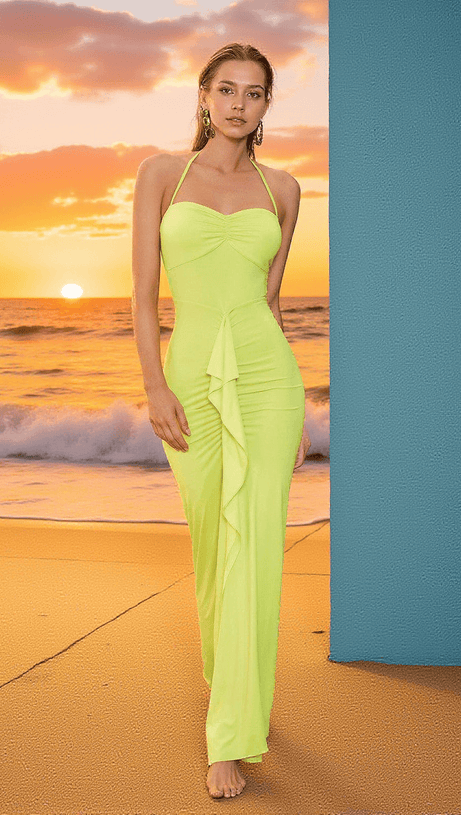 ASGER HALTERNECK RUCHED MAXI DRESS