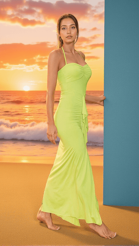 ASGER HALTERNECK RUCHED MAXI DRESS