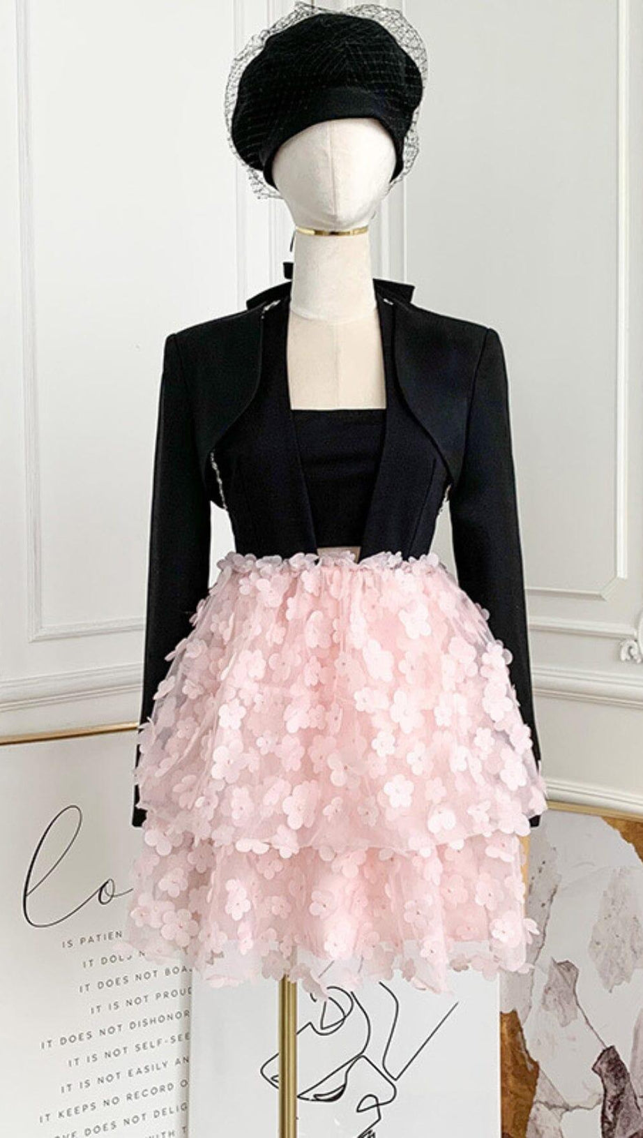 SLEEVELESS HALTER DRESS WITH PINK FLOWERS IN BLACK