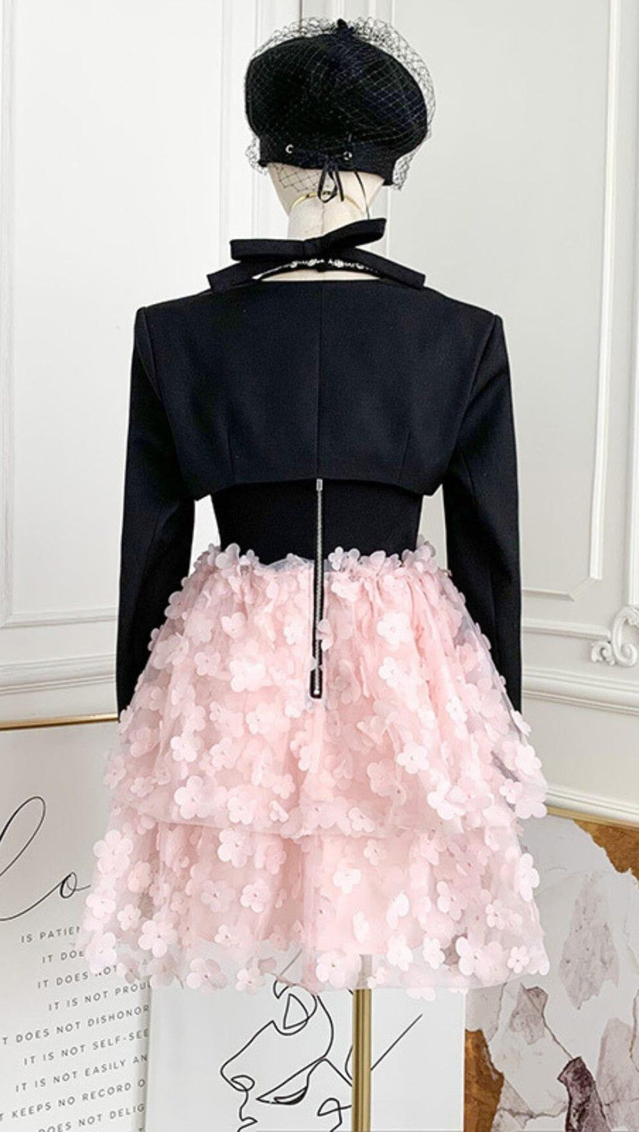 SLEEVELESS HALTER DRESS WITH PINK FLOWERS IN BLACK