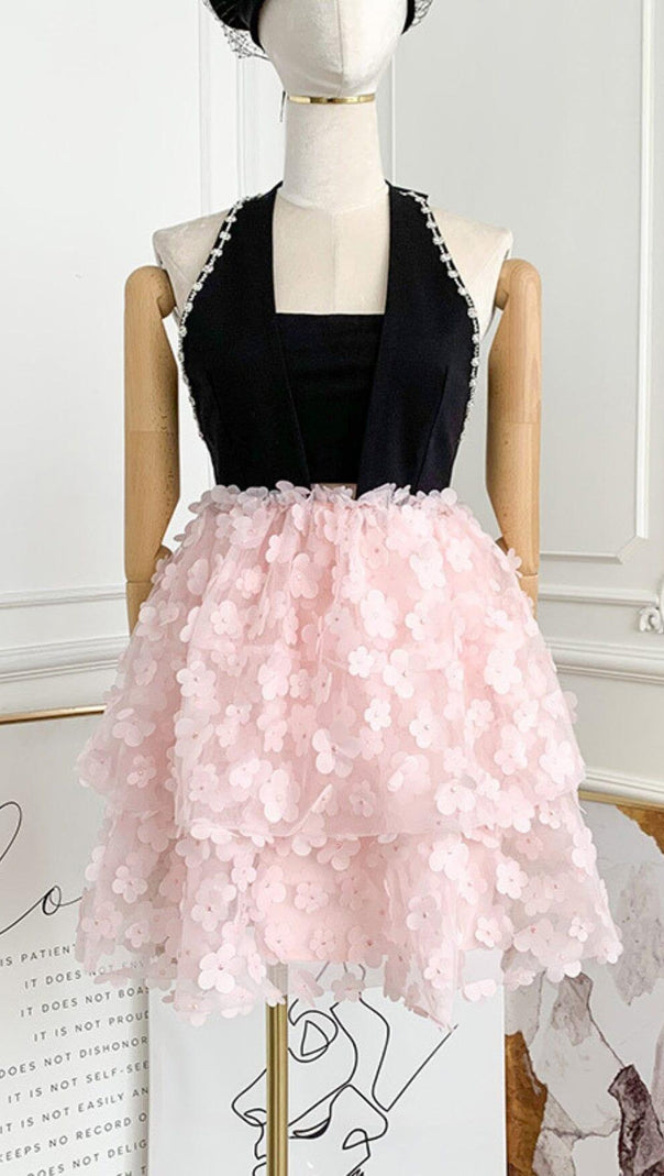 AIIZIE SLEEVELESS HALTER DRESS WITH PINK FLOWERS IN BLACK - product image