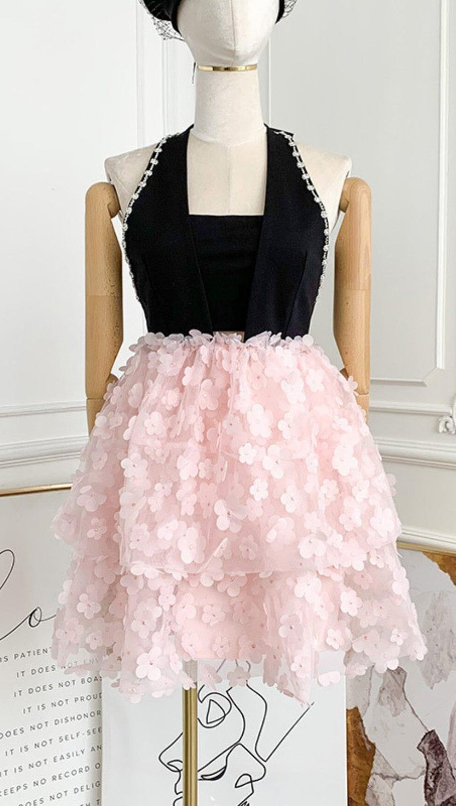 SLEEVELESS HALTER DRESS WITH PINK FLOWERS IN BLACK