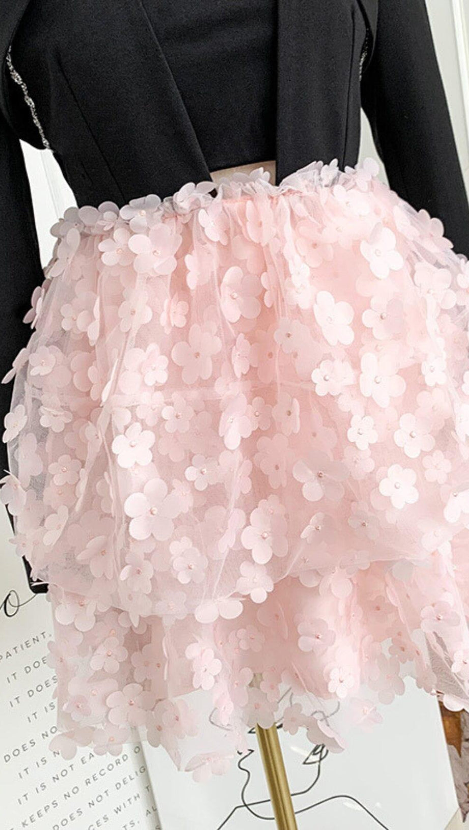 SLEEVELESS HALTER DRESS WITH PINK FLOWERS IN BLACK