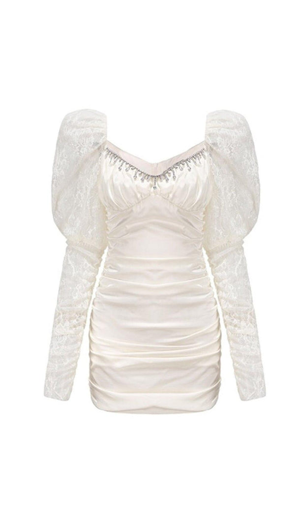 AIIZIE PLEATED DRESS WITH LACE PUFFED SLEEVES IN WHITE - product image