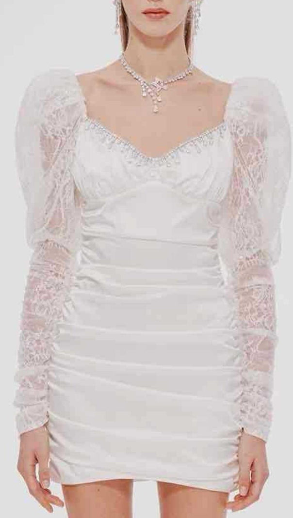 AIIZIE PLEATED DRESS WITH LACE PUFFED SLEEVES IN WHITE - product image