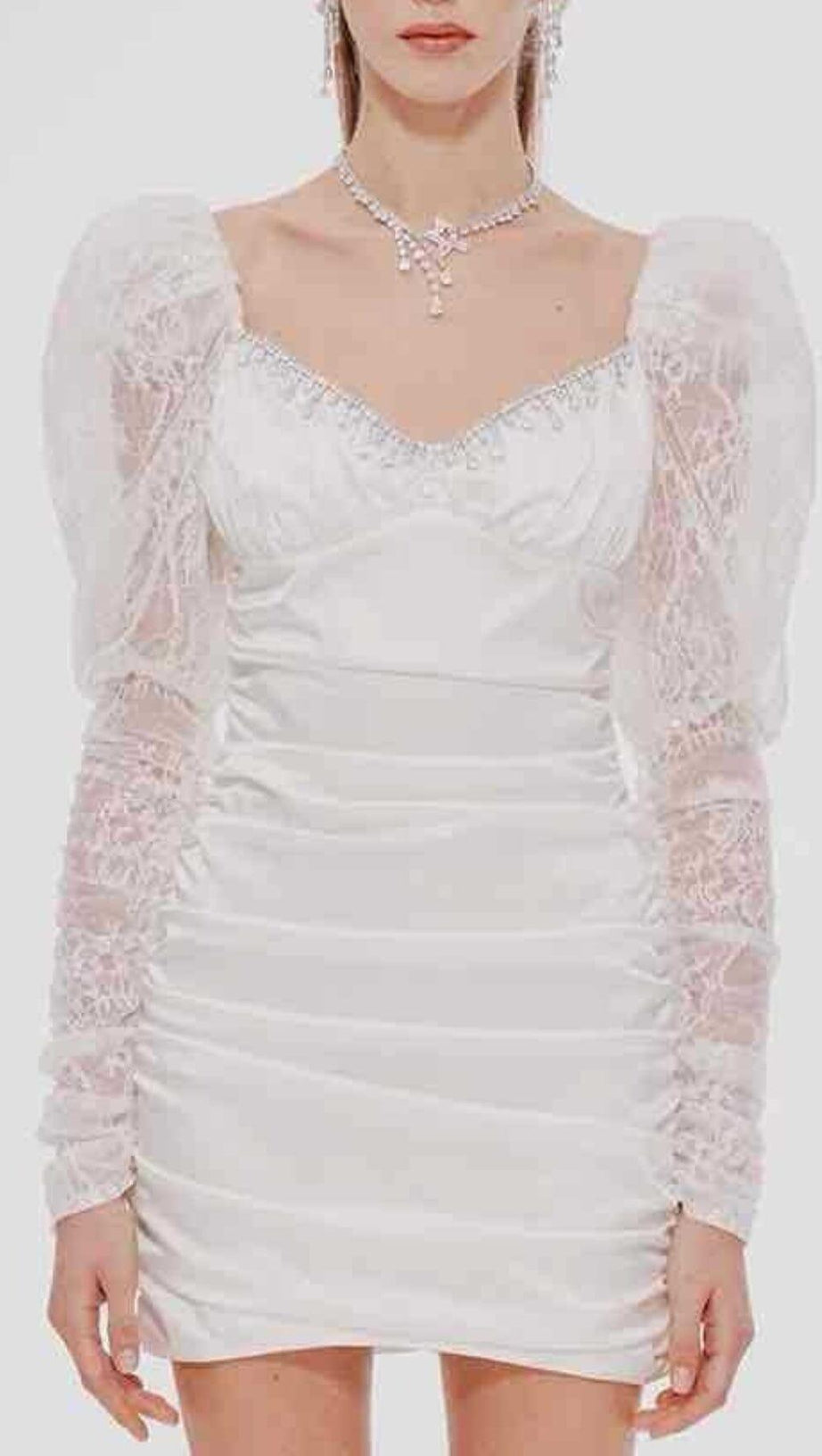 PLEATED DRESS WITH LACE PUFFED SLEEVES IN WHITE