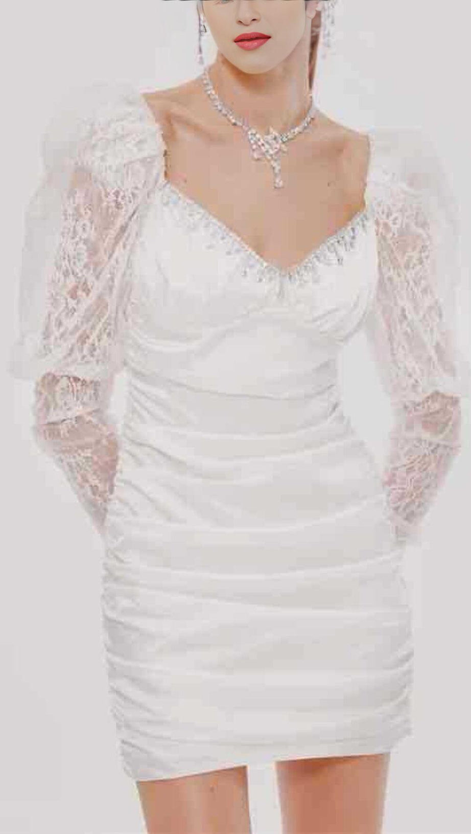 PLEATED DRESS WITH LACE PUFFED SLEEVES IN WHITE