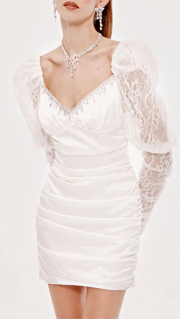 AIIZIE PLEATED DRESS WITH LACE PUFFED SLEEVES IN WHITE - product image