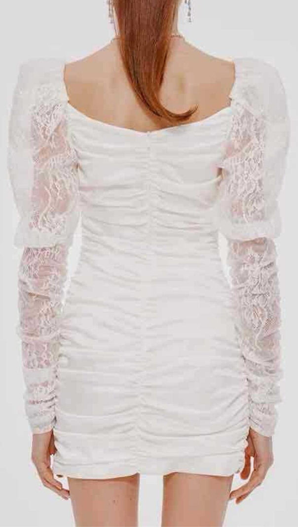 AIIZIE PLEATED DRESS WITH LACE PUFFED SLEEVES IN WHITE - product image
