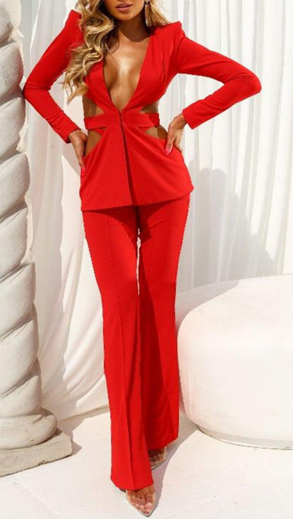 AIIZIE V-NECK SUIT WITH HOLLOWED-OUT WAIST IN RED - product image