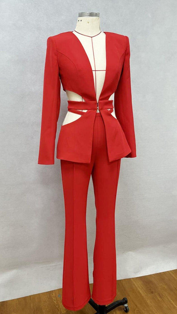 AIIZIE V-NECK SUIT WITH HOLLOWED-OUT WAIST IN RED - product image