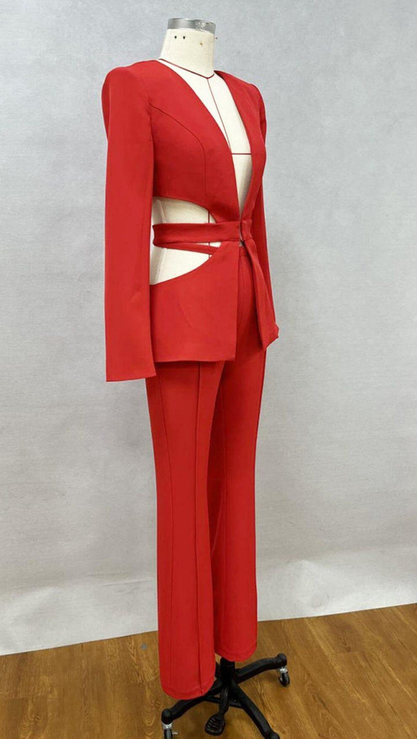 AIIZIE V-NECK SUIT WITH HOLLOWED-OUT WAIST IN RED - product image
