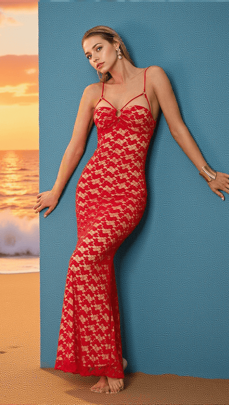 GABIN SPAGHETTI FLORAL LACE MAXI DRESS