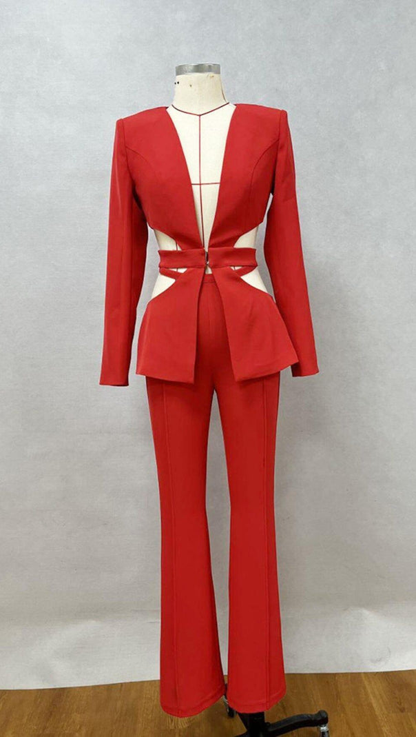AIIZIE V-NECK SUIT WITH HOLLOWED-OUT WAIST IN RED - product image