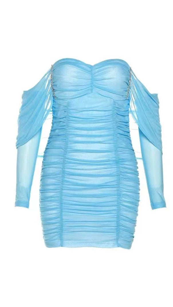 AIIZIE OFF SHOULDER MESH SKINNY MINI DRESS IN LIGHT BLUE - product image