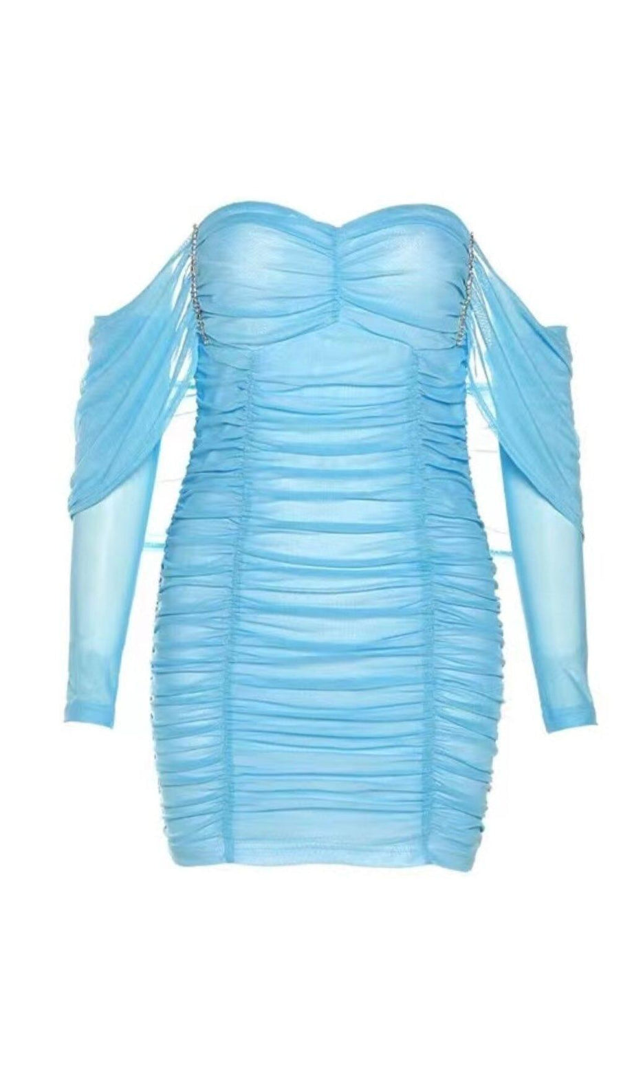 MINI ABITO SKINNY IN RETE CON SPALLE SCOPERTE IN AZZURRO CHIARO