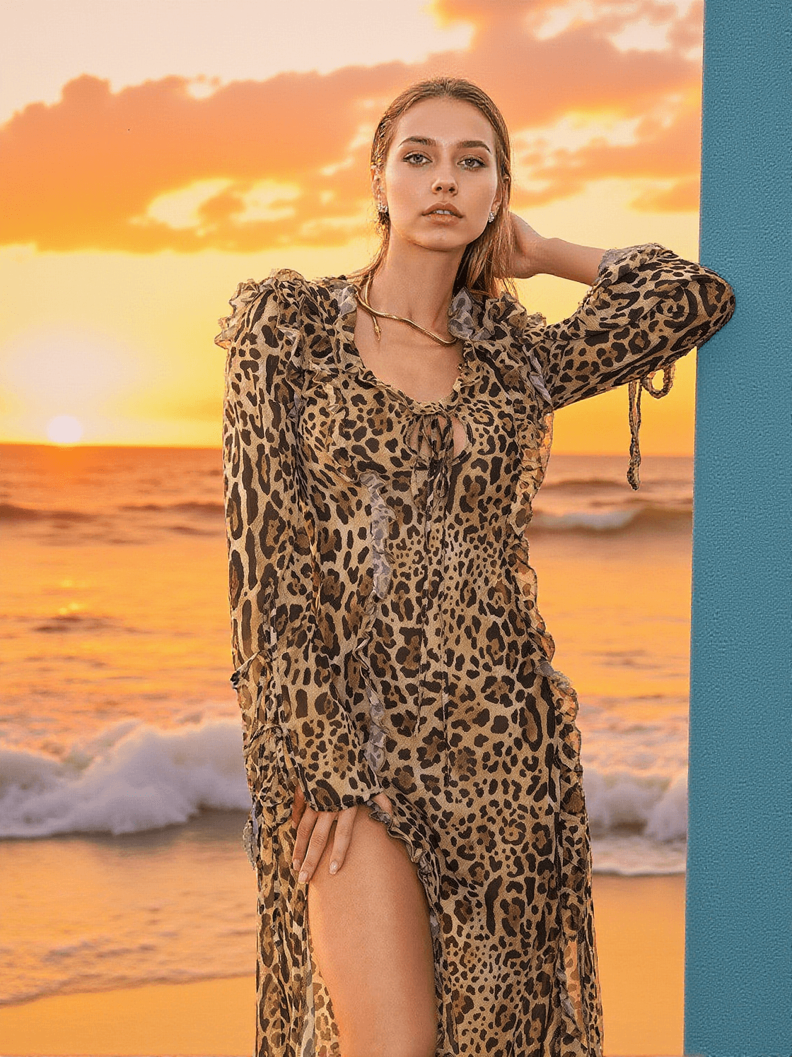 ABITO MIDI CON VOLANT E STAMPA LEOPARDATA GASPARD