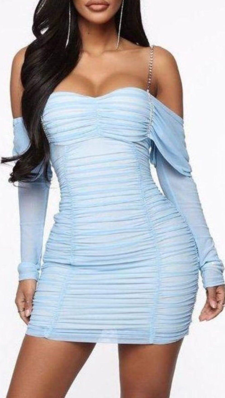 OFF SHOULDER MESH SKINNY MINI DRESS IN LIGHT BLUE