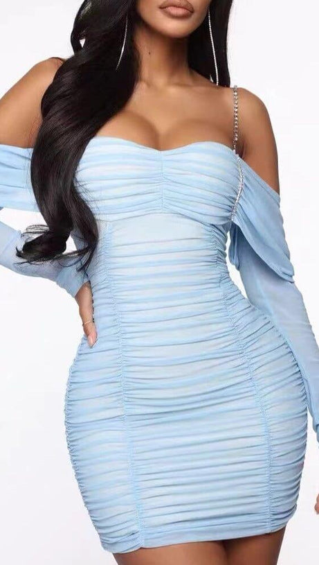 OFF SHOULDER MESH SKINNY MINI DRESS IN LIGHT BLUE