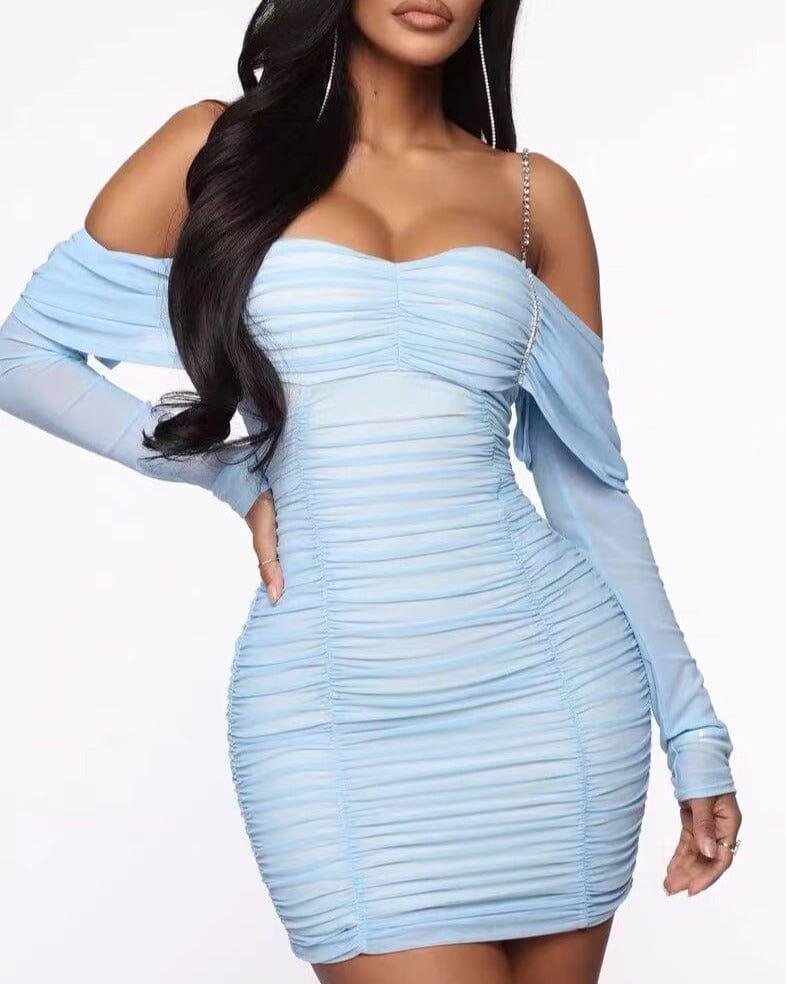 AIIZIE OFF SHOULDER MESH SKINNY MINI DRESS IN LIGHT BLUE - product image