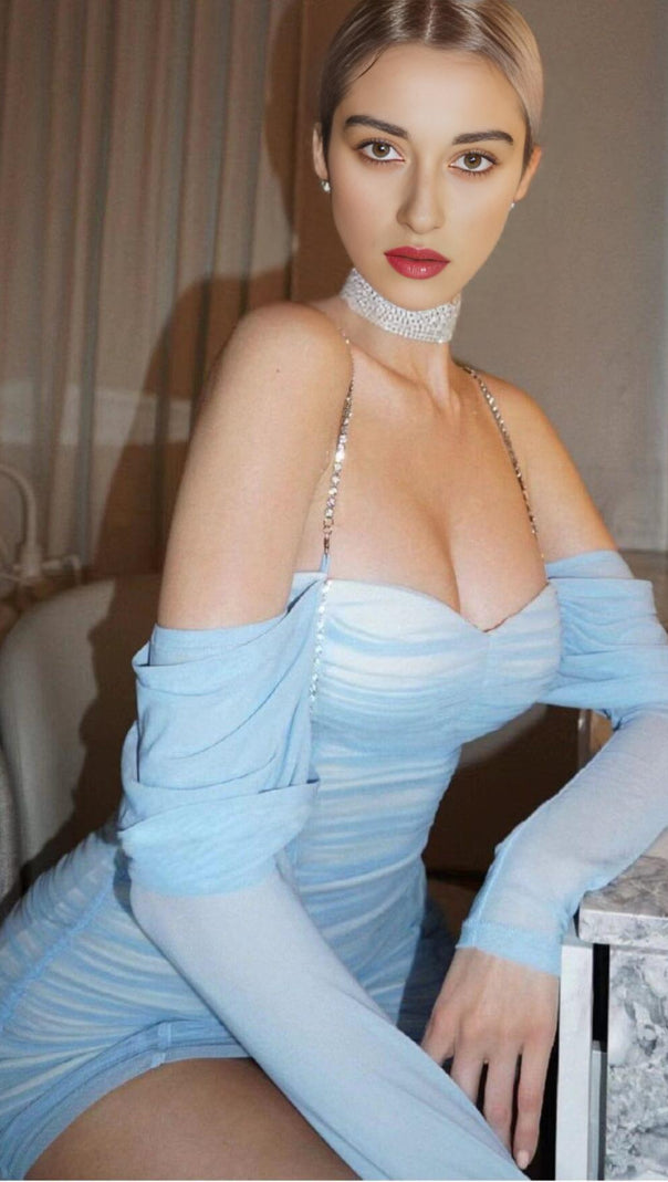 AIIZIE OFF SHOULDER MESH SKINNY MINI DRESS IN LIGHT BLUE - product image