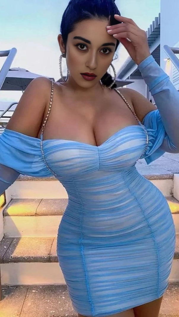AIIZIE OFF SHOULDER MESH SKINNY MINI DRESS IN LIGHT BLUE - product image