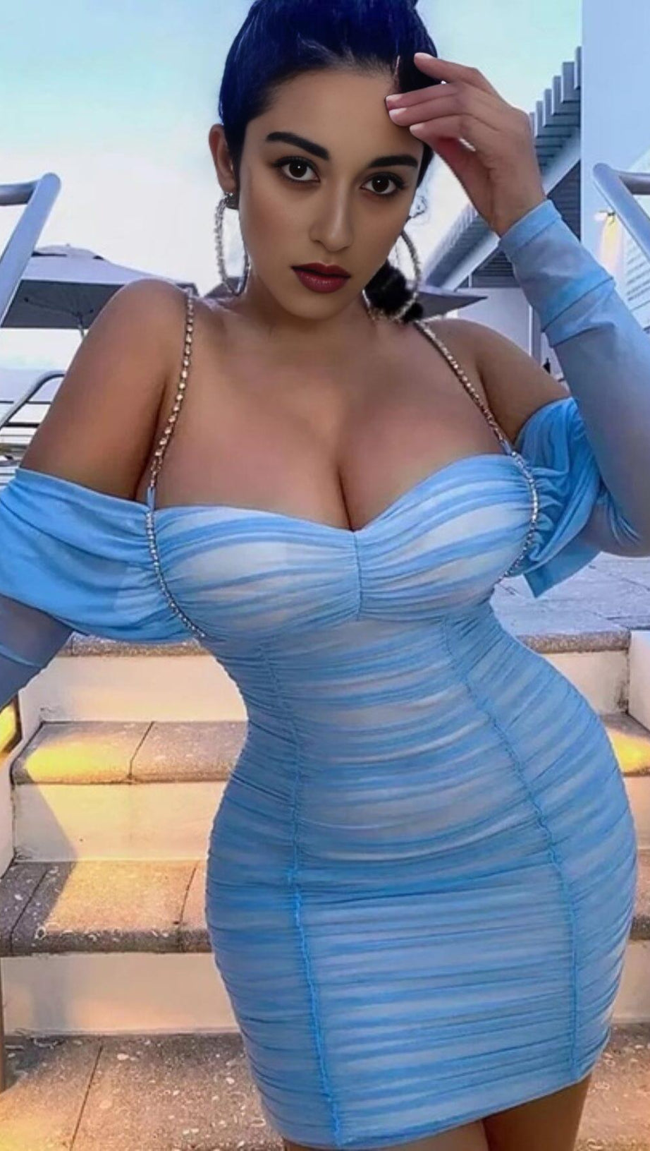 OFF SHOULDER MESH SKINNY MINI DRESS IN LIGHT BLUE