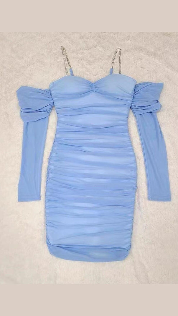 AIIZIE OFF SHOULDER MESH SKINNY MINI DRESS IN LIGHT BLUE - product image