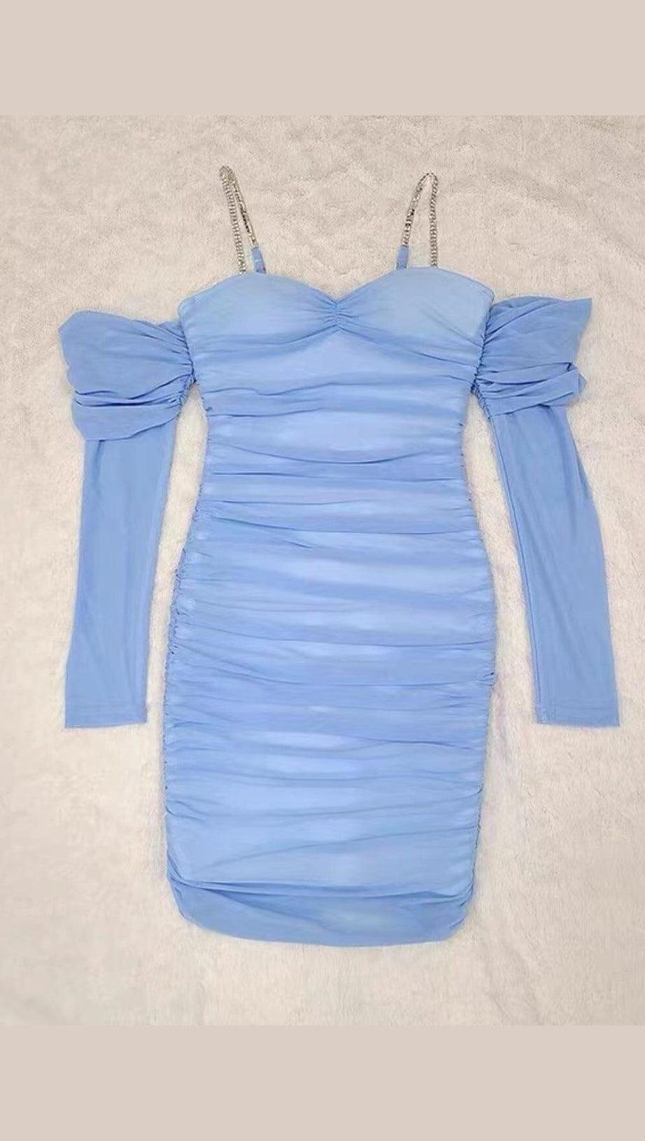 OFF SHOULDER MESH SKINNY MINI DRESS IN LIGHT BLUE