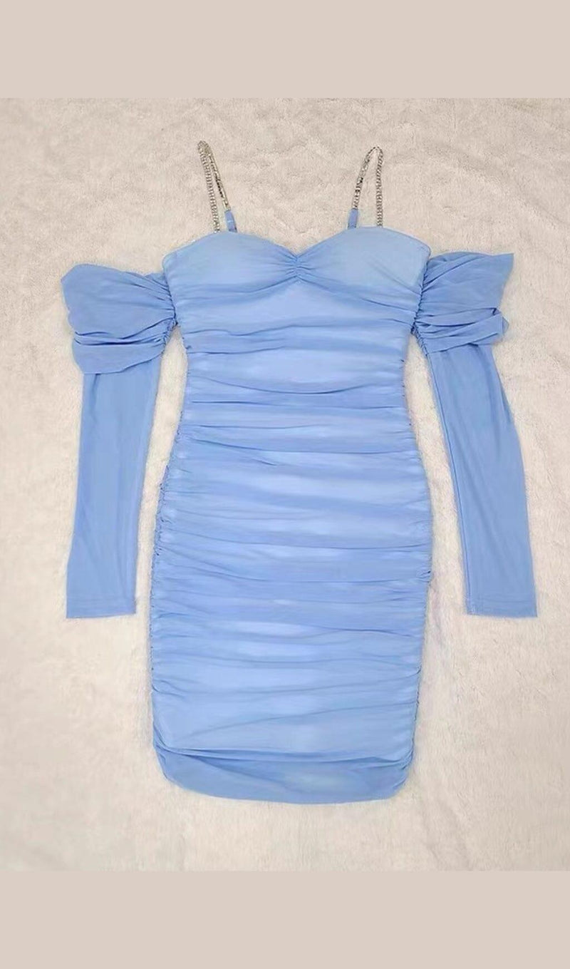 OFF SHOULDER MESH SKINNY MINI DRESS IN LIGHT BLUE