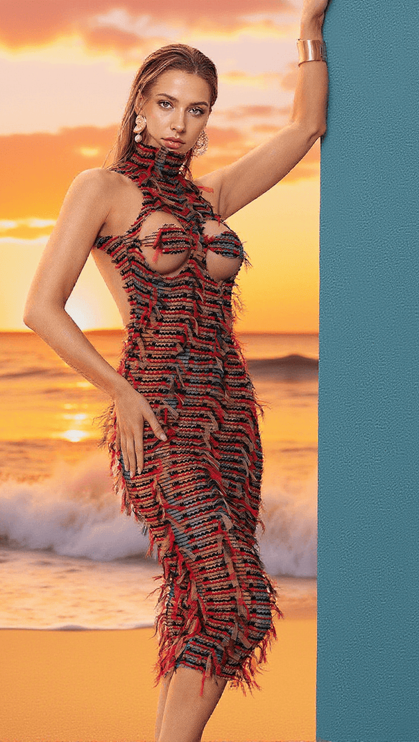 AIIZIE ARLO BACKLESS PATCHWORK MIDI DRESS - product image