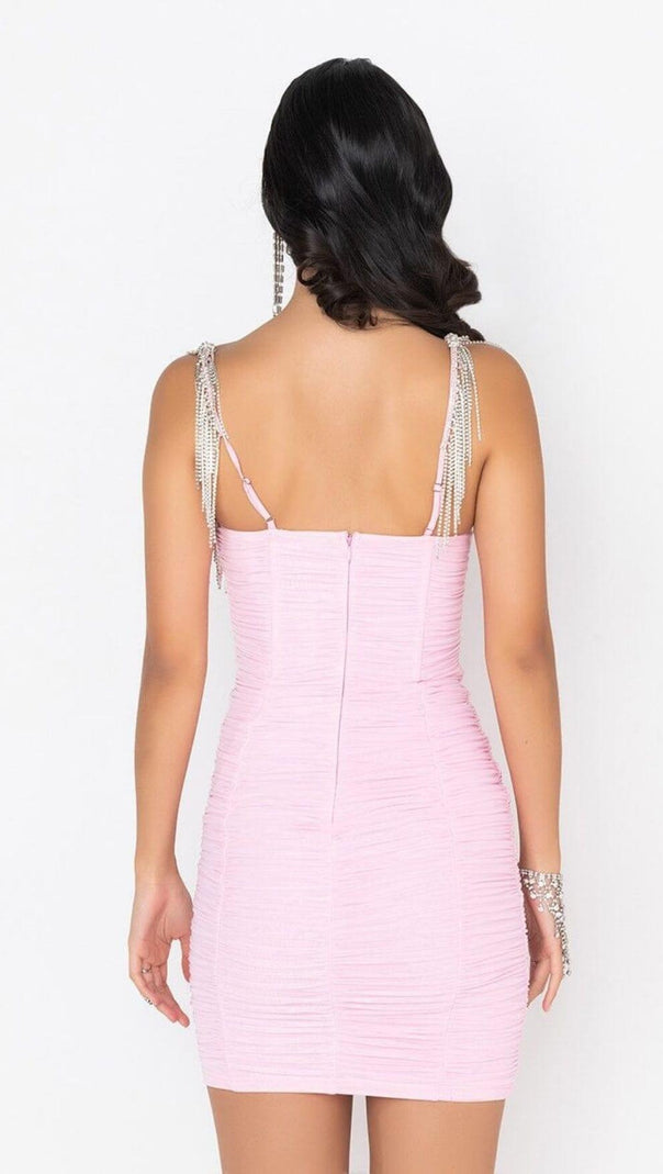 AIIZIE FRINGED MESH SKINNY MINI DRESS IN PINK - product image