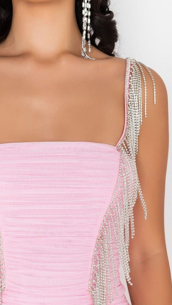 AIIZIE FRINGED MESH SKINNY MINI DRESS IN PINK - product image