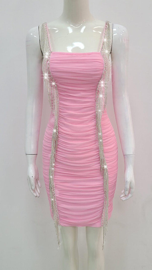 AIIZIE FRINGED MESH SKINNY MINI DRESS IN PINK - product image