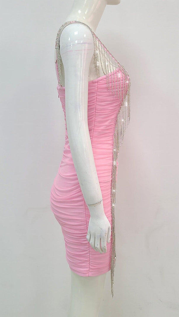 AIIZIE FRINGED MESH SKINNY MINI DRESS IN PINK - product image